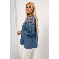 Koszula jeansowa z haftowaną gipiurą i bufiastymi rękawami | Hurtownia odzieży damskiej online