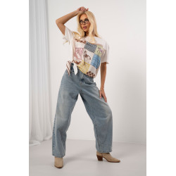 T-shirt z satynowym nadrukiem i wiązaniem na boku