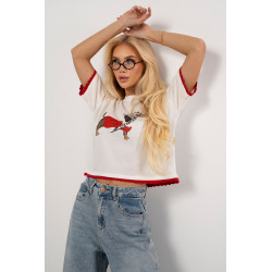 T-shirt z nadrukiem jamnika z falowanym wykończeniem