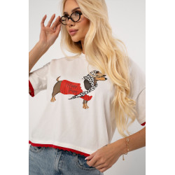 T-shirt z nadrukiem jamnika z falowanym wykończeniem