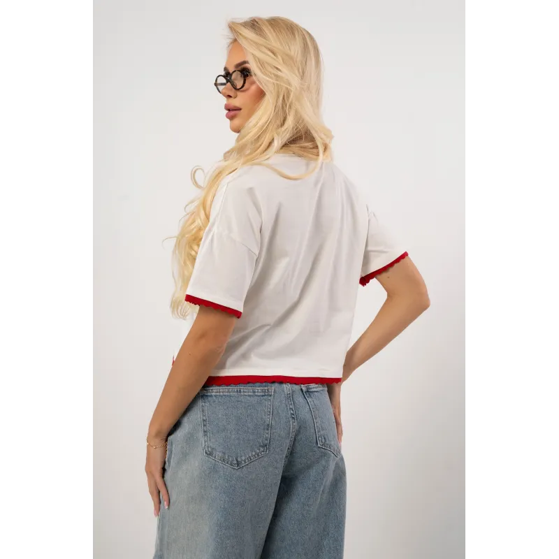 T-shirt z nadrukiem jamnika z falowanym wykończeniem