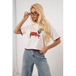 T-shirt z nadrukiem jamnika z falowanym wykończeniem