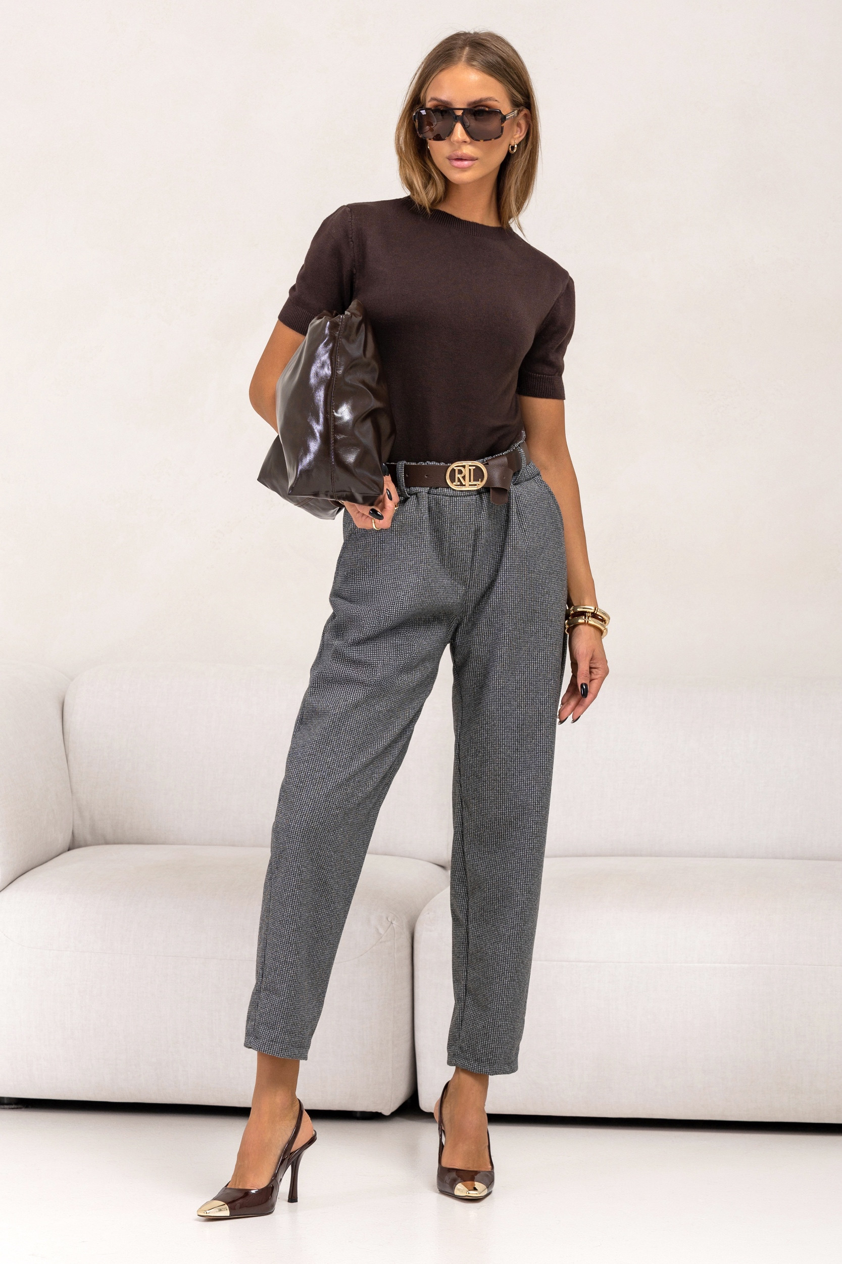 SPODNIE W DROBĄ PEPITKĘ Z WYSOKIM STANEM I PASKIEM