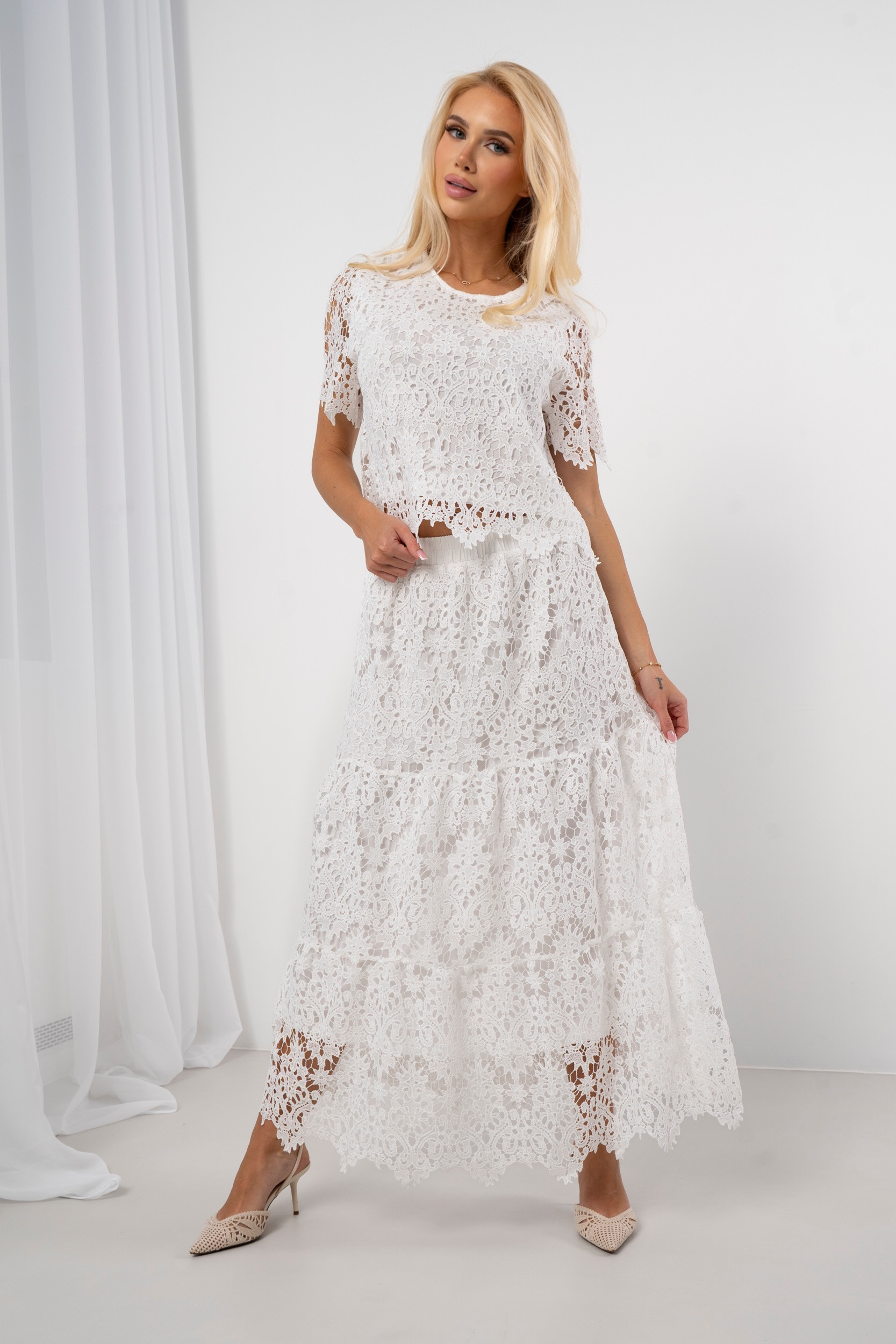 Ażurowy komplet z koronkową spódnicą maxi
