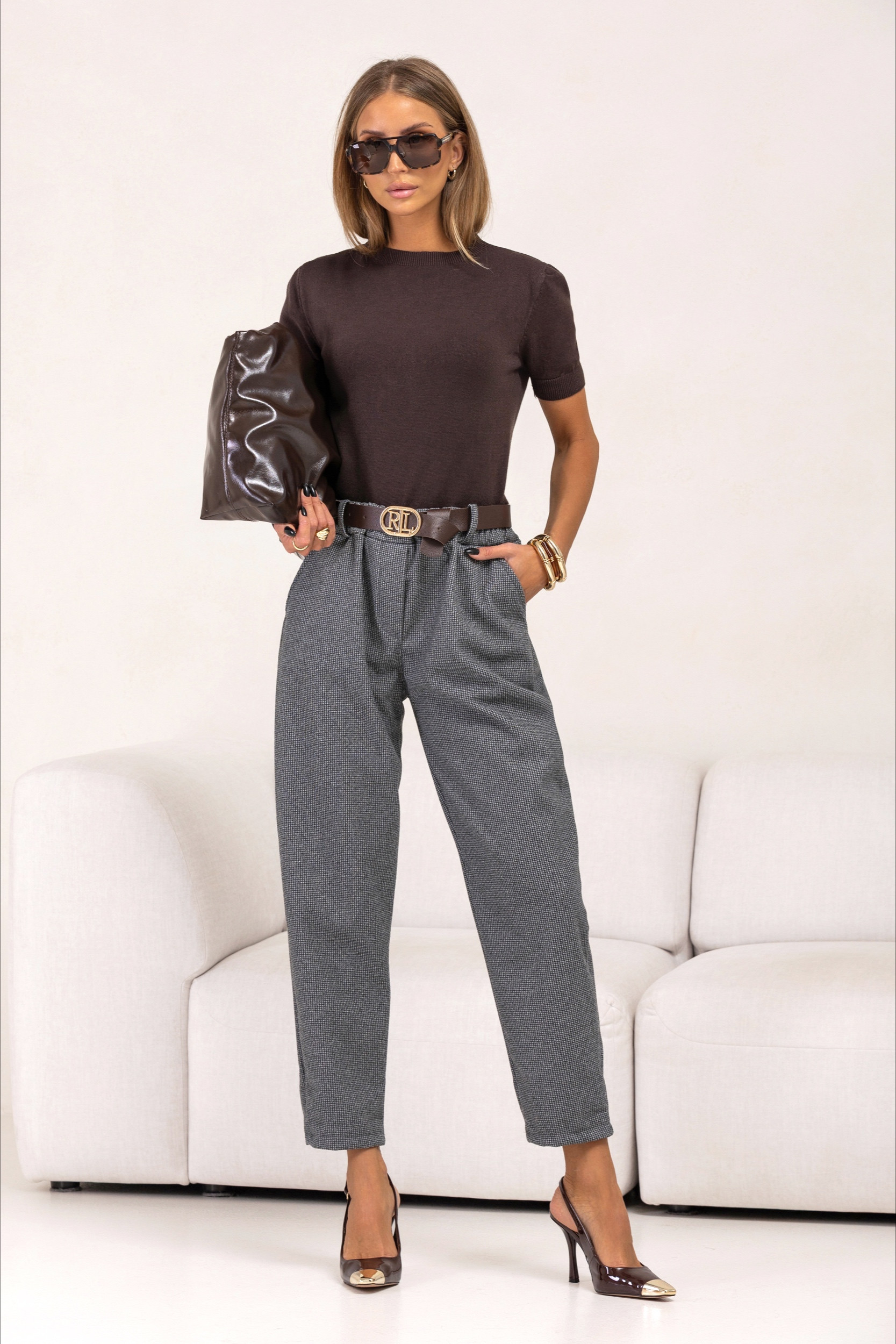 SPODNIE W DROBĄ PEPITKĘ Z WYSOKIM STANEM I PASKIEM