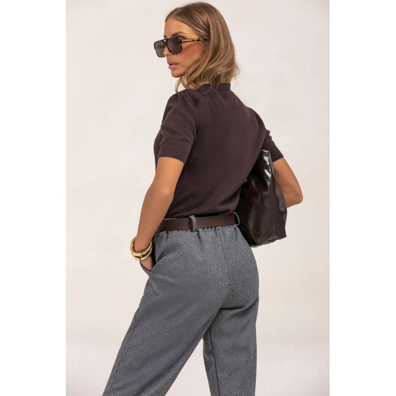 SPODNIE W DROBĄ PEPITKĘ Z WYSOKIM STANEM I PASKIEM