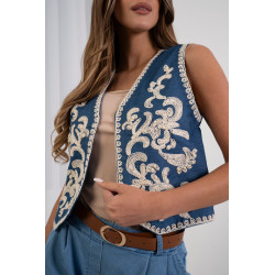 Krótka kamizelka z haftem i perełkami
