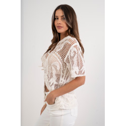 Ażurowa koszula z haftem i krótkim rękawem