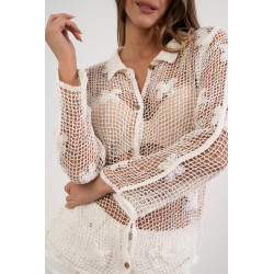 Ażurowa koszula z siateczki z haftowanymi kwiatami