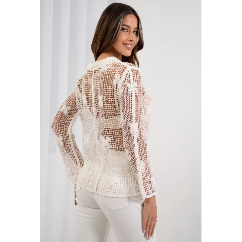 Ażurowa koszula z siateczki z haftowanymi kwiatami