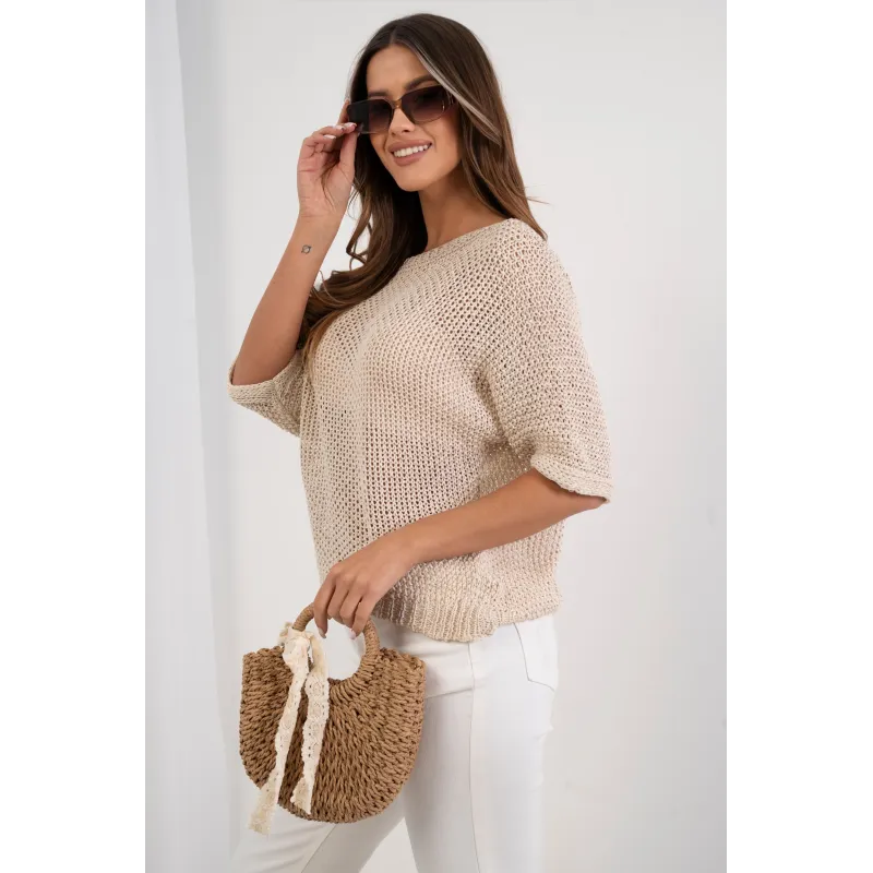 Ażurowy sweter oversize z subtelnym połyskiem