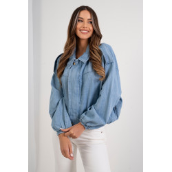 Jeansowa kurtka bomberka z bufiastymi rękawami