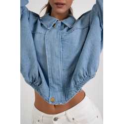 Jeansowa kurtka bomberka z bufiastymi rękawami
