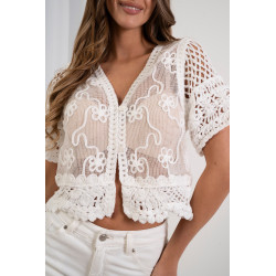 Krótka bluzka ażurowa zapinana na guziki