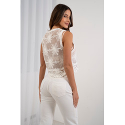 Krótka kamizelka ażurowa z haftem kwiatowym