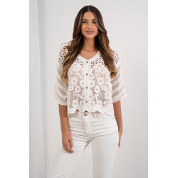 Krótki kardigan boho z kwiatowym haftem