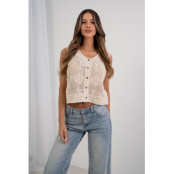 Ażurowa kamizelka z haftem kwiatowym i guzikami
