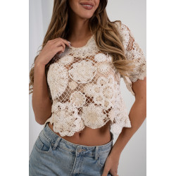 Ażurowa bluzka crop top z gipiurowych kwiatów