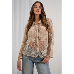 Ażurowa koszula z siateczki z haftowanymi kwiatami