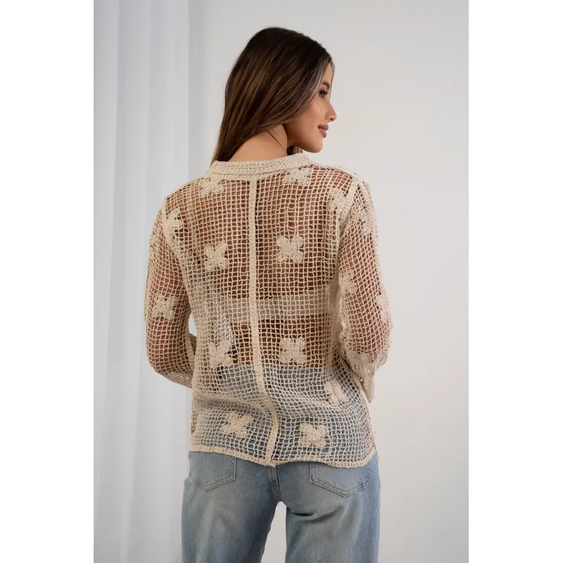 Ażurowa koszula z siateczki z haftowanymi kwiatami