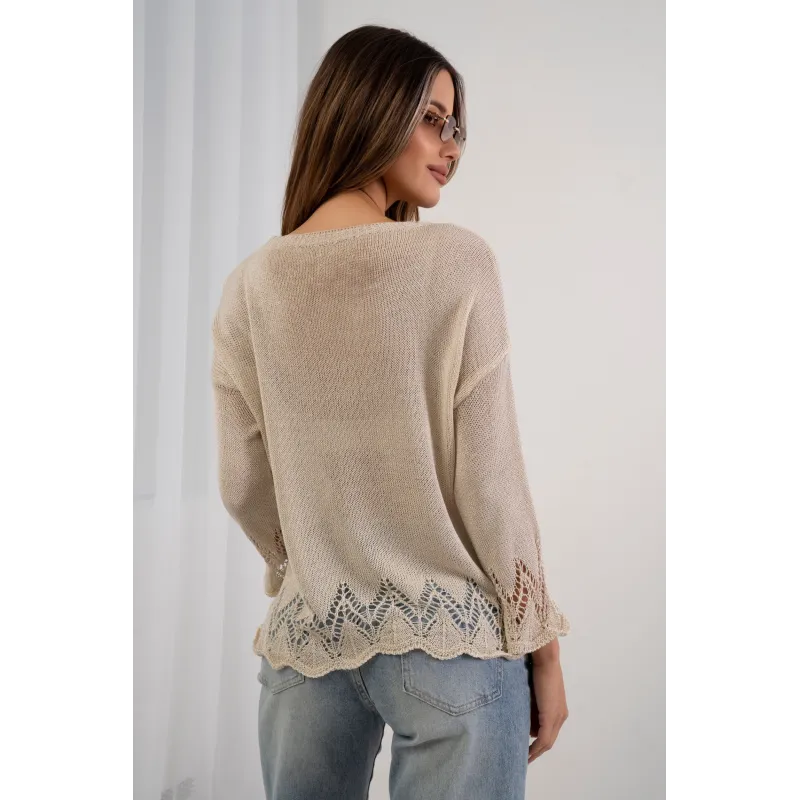 Lekki sweter z ażurowym wykończeniem u dołu