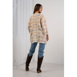 Długi ażurowy kardigan w pastelowe wzory