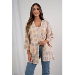 Długi ażurowy kardigan w pastelowe wzory