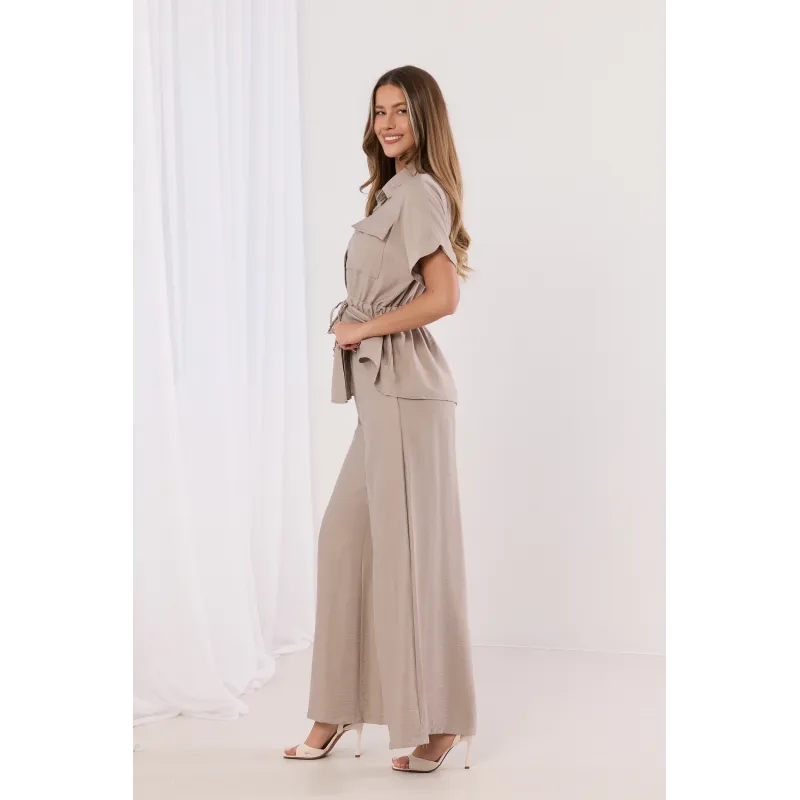 Komplet z koszulą z wiązaniem w talii i szerokimi spodniami