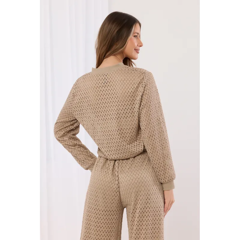 Ażurowy komplet z bluzą na suwak i spodniami