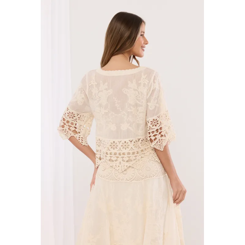 Ażurowa bluzka koszulowa z haftowanymi detalami