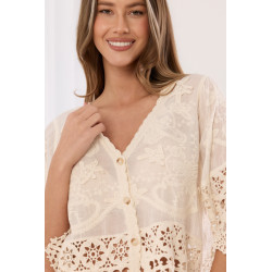 Ażurowa bluzka koszulowa z haftowanymi detalami