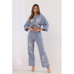 Lniany komplet boho z haftem kwiatowym