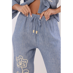 Lniany komplet boho z haftem kwiatowym