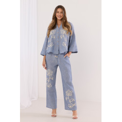 Lniany komplet boho z haftem kwiatowym