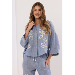 Lniany komplet boho z haftem kwiatowym