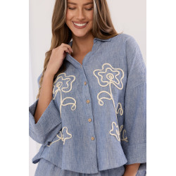 Lniany komplet boho z haftem kwiatowym