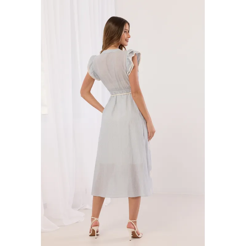 Sukienka midi w paski z haftem i sznurkowym paskiem