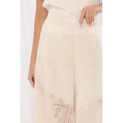 Spodnie palazzo z haftem i ażurowymi wstawkami