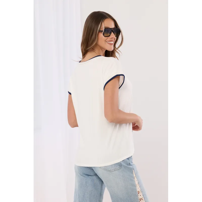 T-shirt z haftowaną lamówką i nadrukiem okularów