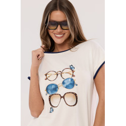 T-shirt z haftowaną lamówką i nadrukiem okularów