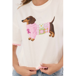 T-shirt z nadrukiem jamnika w ubranku i falowanym brzegiem