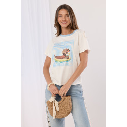 T-shirt z nadrukiem jamnika i ozdobną lamówką przy dekolcie