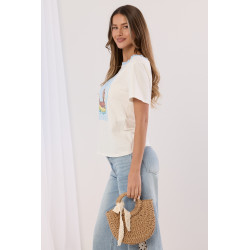 T-shirt z nadrukiem jamnika i ozdobną lamówką przy dekolcie