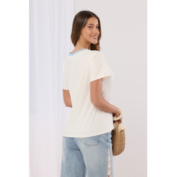 T-shirt z nadrukiem jamnika i ozdobną lamówką przy dekolcie