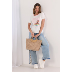 T-shirt z nadrukiem jamnika i ozdobną lamówką przy dekolcie