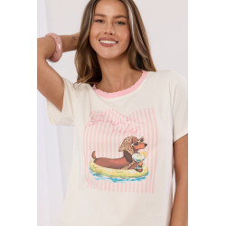 T-shirt z nadrukiem jamnika i ozdobną lamówką przy dekolcie