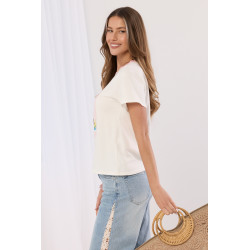 T-shirt z nadrukiem jamnika i ozdobną lamówką przy dekolcie