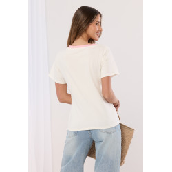 T-shirt z nadrukiem jamnika i ozdobną lamówką przy dekolcie