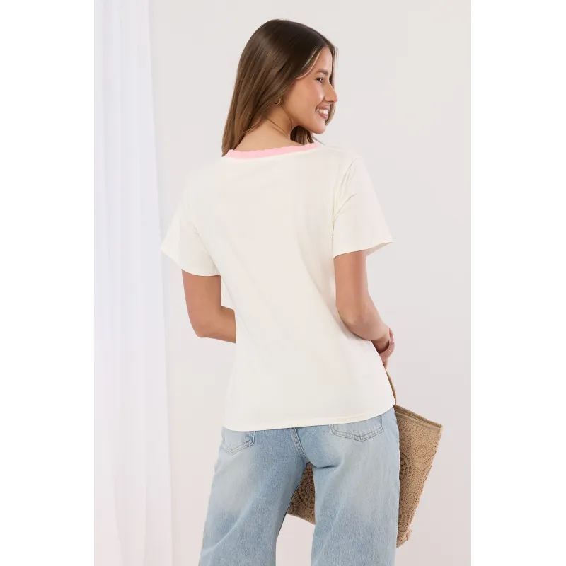 T-shirt z nadrukiem jamnika i ozdobną lamówką przy dekolcie