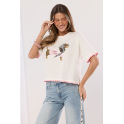 T-shirt z nadrukiem jamnika z falowanym wykończeniem